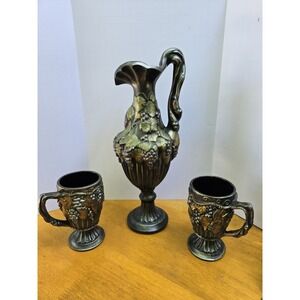 Vtg Arnels Ceramic Grape Vine Jug Vase Pitcher 14" With 2 Matching Cups 5 1/2"